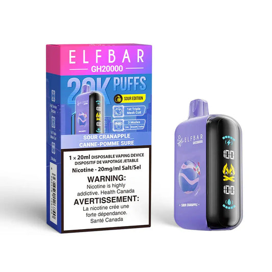 The ELFBAR GH20000 Sour Cranapple disposable vape device and its purple and blue packaging featuring a digital display screen, 20K Puffs branding, and a health warning label.