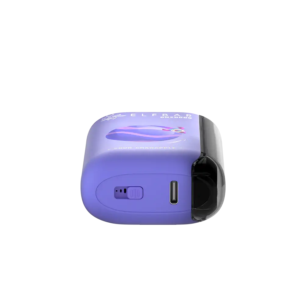 Bottom view of a purple ELFBAR GH20000 Sour Cranapple disposable vape showing the USB-C charging port and airflow adjustment switch.