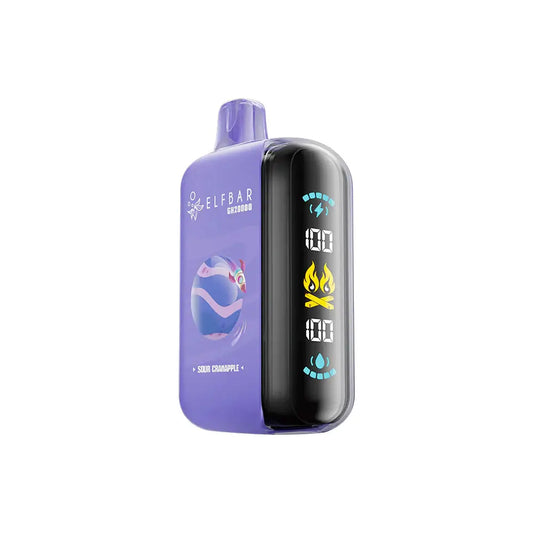 ELFBAR GH20000 Sour Cranapple disposable vape featuring a purple body with a rocket graphic and a side digital display showing battery and e-liquid levels.