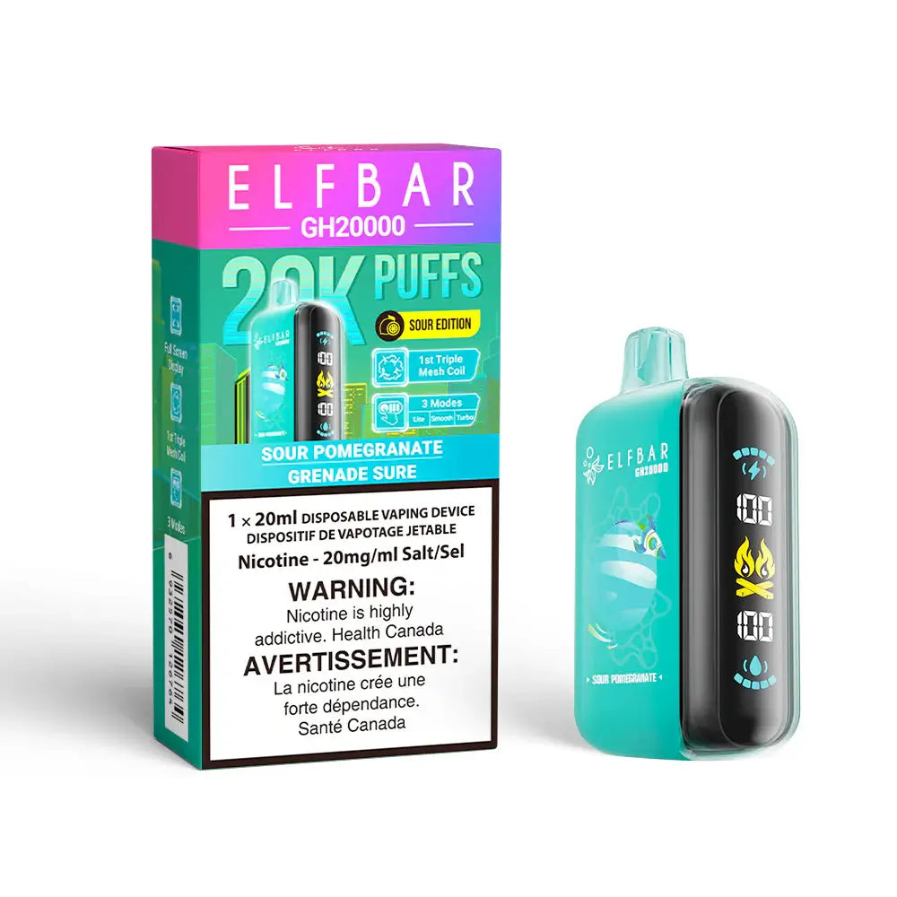 ELFBAR GH20000 Sour Pomegranate disposable vape device featuring a teal body with a digital side display and its corresponding purple and green 20K Puffs packaging.