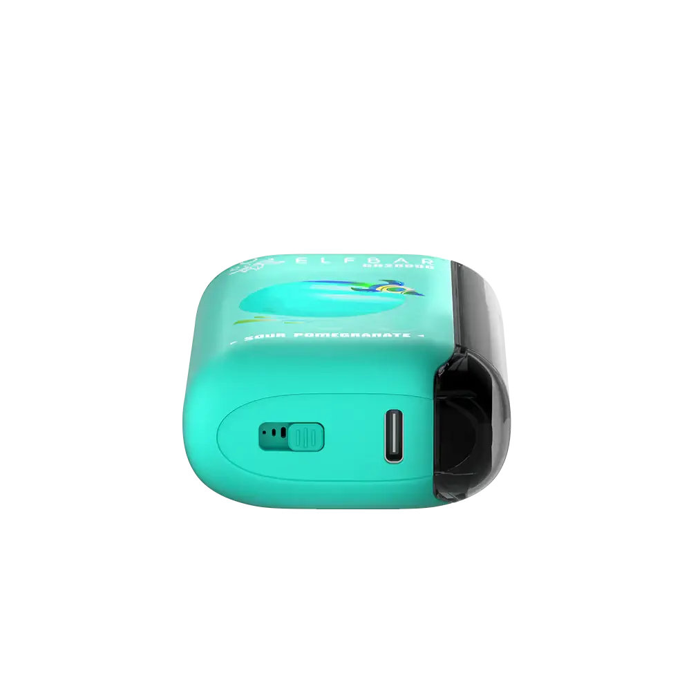 Bottom view of a teal ELFBAR GH20000 Sour Pomegranate disposable vape showing the USB-C charging port and airflow control switch.