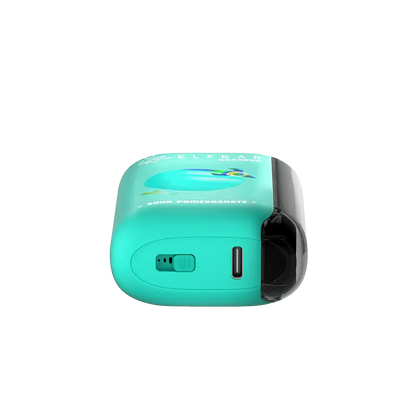 Bottom view of a teal ELFBAR GH20000 Sour Pomegranate disposable vape showing the USB-C charging port and airflow control switch.