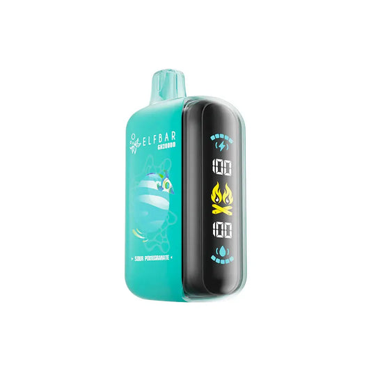 ELFBAR GH20000 Sour Pomegranate disposable vape featuring a teal body with a digital display screen showing battery and liquid levels, labeled with ELFBAR GH20000 and Sour Pomegranate text.