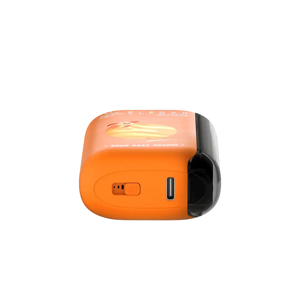 Bottom view of an orange ELFBAR GH20000 Sour Razz Orange disposable vape showing the USB-C charging port and airflow adjustment switch.
