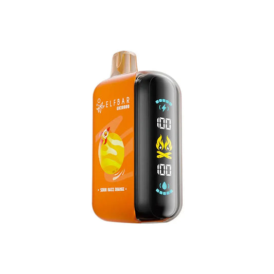 An ELFBAR GH20000 Sour Razz Orange disposable vape featuring an orange body with a rocket and planet graphic, a clear mouthpiece, and a side digital display showing battery and e-liquid levels.