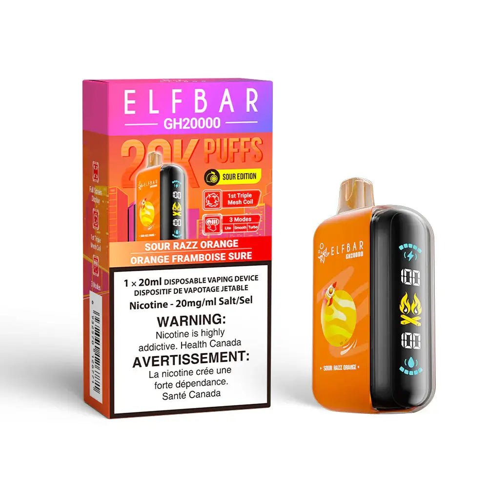ELFBAR GH20000 Sour Razz Orange disposable vape and its orange and purple packaging featuring a digital display screen showing battery and e-liquid levels.