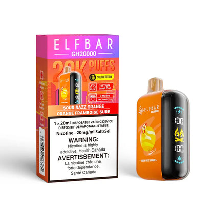 ELFBAR GH20000 Sour Razz Orange disposable vape and its orange and purple packaging featuring a digital display screen showing battery and e-liquid levels.