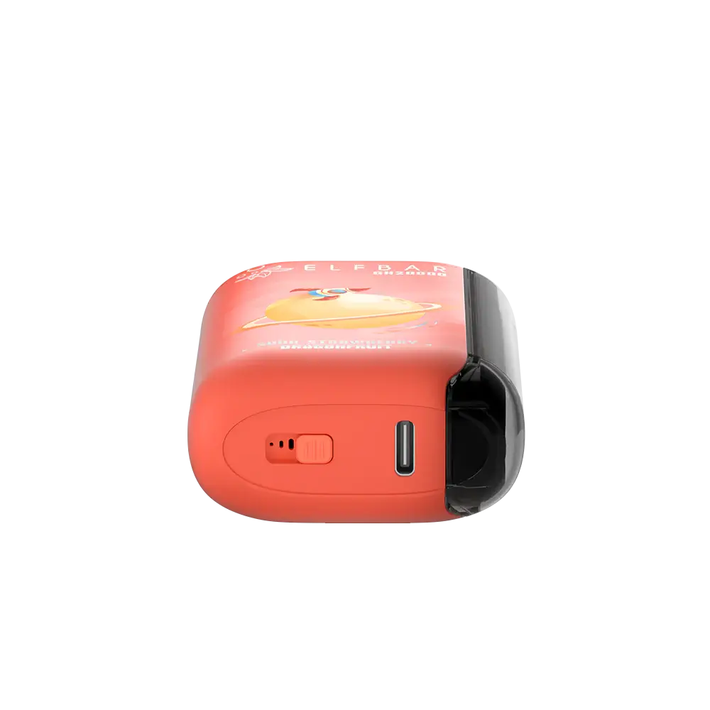 Bottom view of an orange ELFBAR GH20000 Sour Strawberry Dragonfruit disposable vape showing the USB-C charging port and airflow adjustment switch.