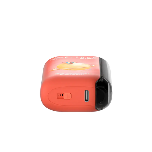 Bottom view of an orange ELFBAR GH20000 Sour Strawberry Dragonfruit disposable vape showing the USB-C charging port and airflow adjustment switch.