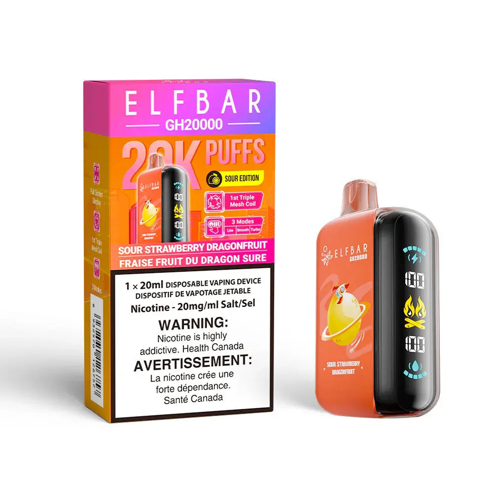 ELFBAR GH20000 Sour Strawberry Dragonfruit disposable vape and its orange and purple packaging featuring a digital display screen and 20K Puffs branding.