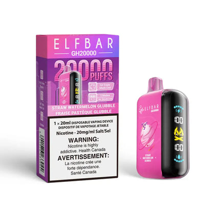 An ELFBAR GH20000 Straw Watermelon Glubble disposable vape device with a pink body and digital side screen stands next to its purple and pink cardboard packaging against a white background.