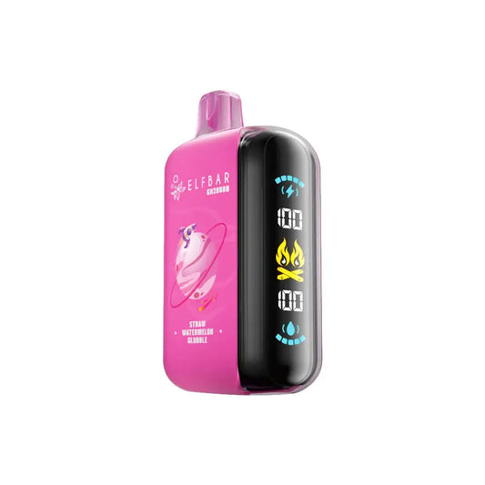 ELFBAR GH20000 Straw Watermelon Glubble disposable vape featuring a pink matte body with a digital side display showing battery and e-liquid levels against a white background.