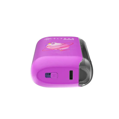 Bottom view of a purple ELFBAR GH20000 Strawberry Banana disposable vape showing the USB-C charging port and airflow adjustment switch against a white background.