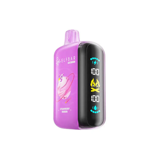 An ELFBAR GH20000 Strawberry Banana disposable vape featuring a pink body with a digital side display showing battery and e-liquid levels, labeled with the ELFBAR GH20000 logo and a strawberry banana graphic.