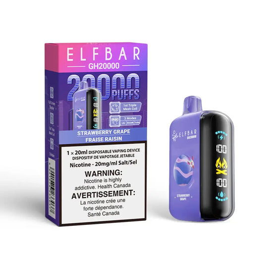 ELFBAR GH20000 Strawberry Grape disposable vape device and its purple and pink packaging featuring a digital display screen and 20000 puffs branding.