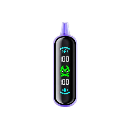 An ELFBAR GH20000 Strawberry Grape disposable vape with a purple body and a large black digital display showing battery and e-liquid levels at 100 percent.