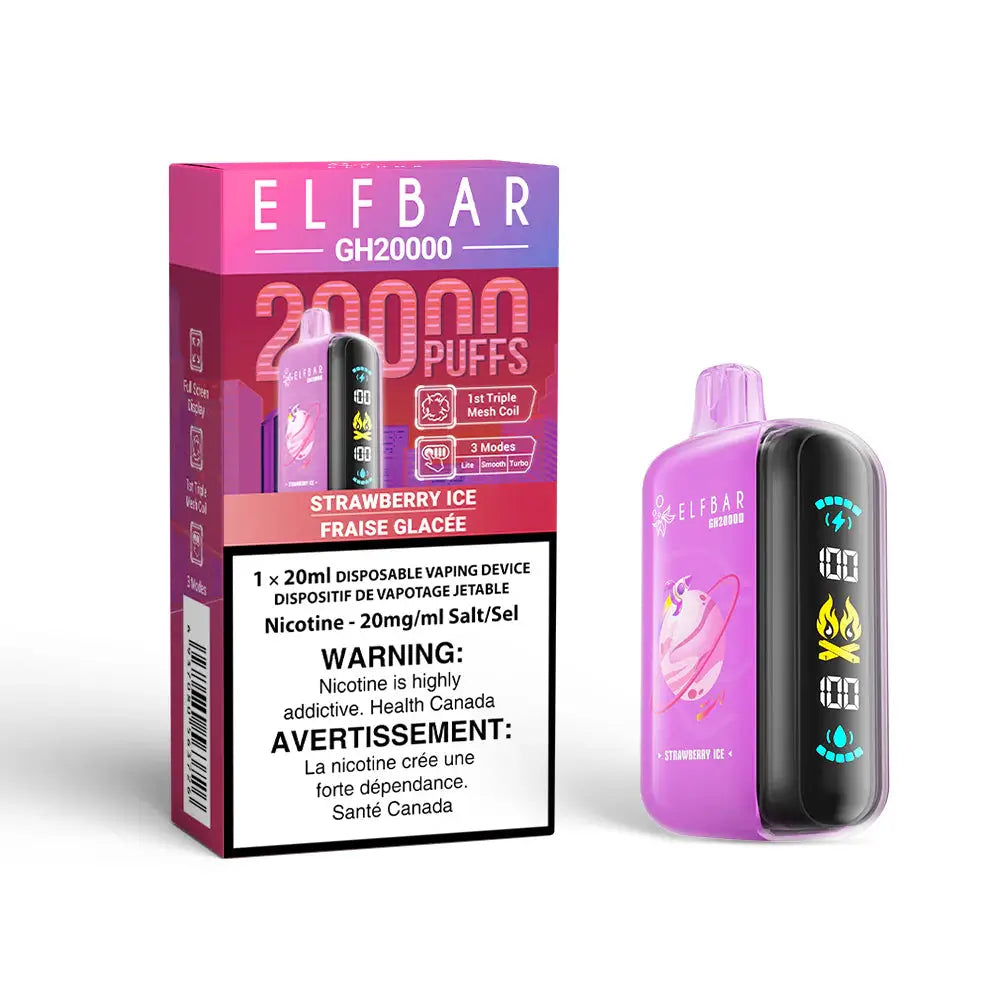 An ELFBAR GH20000 Strawberry Ice disposable vape device with a purple body and side digital display stands next to its pink and red packaging box against a white background.