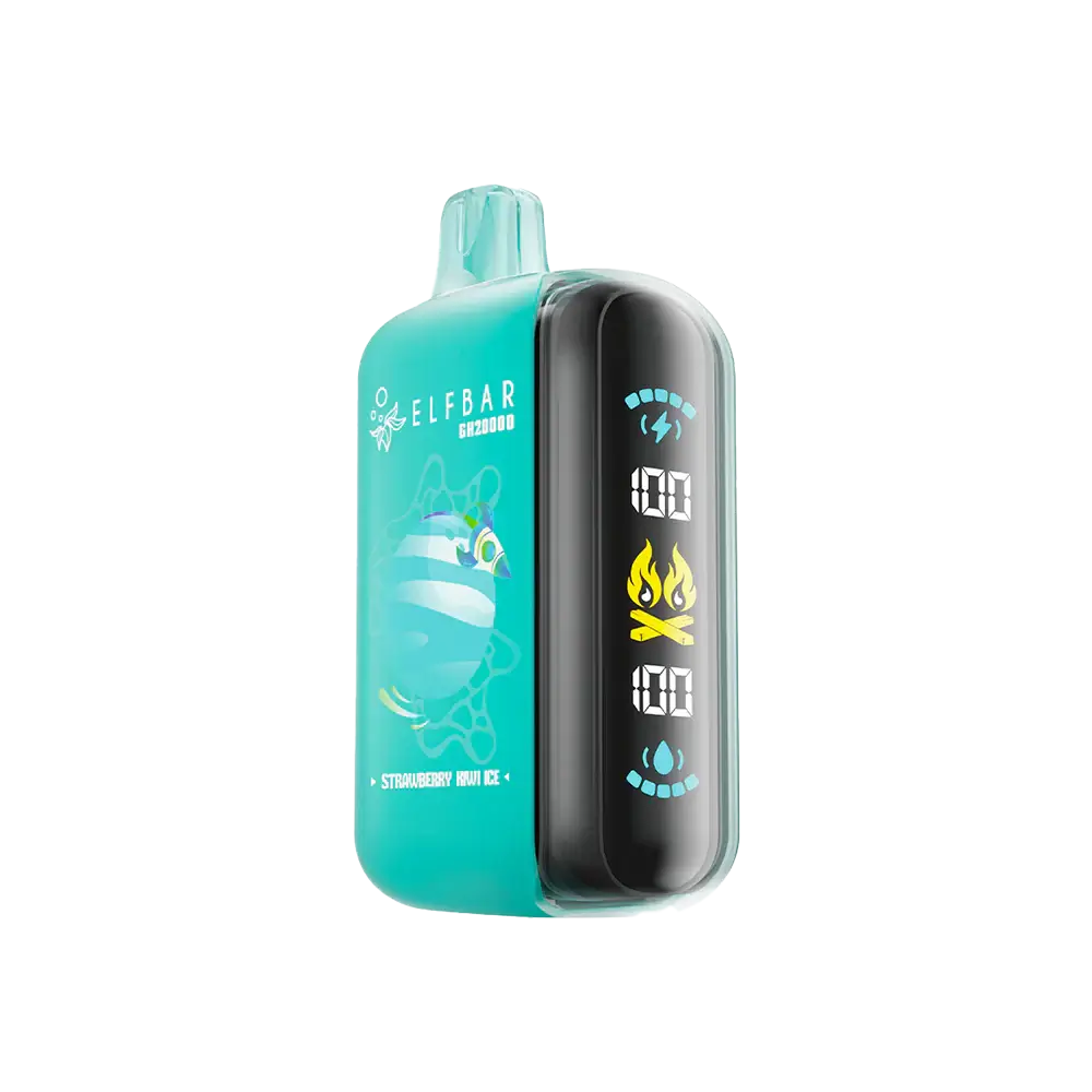 The ELFBAR GH20000 Strawberry Kiwi Ice disposable vape features a teal body with a digital side display showing battery and e-liquid levels, labeled with the brand name and flavor.