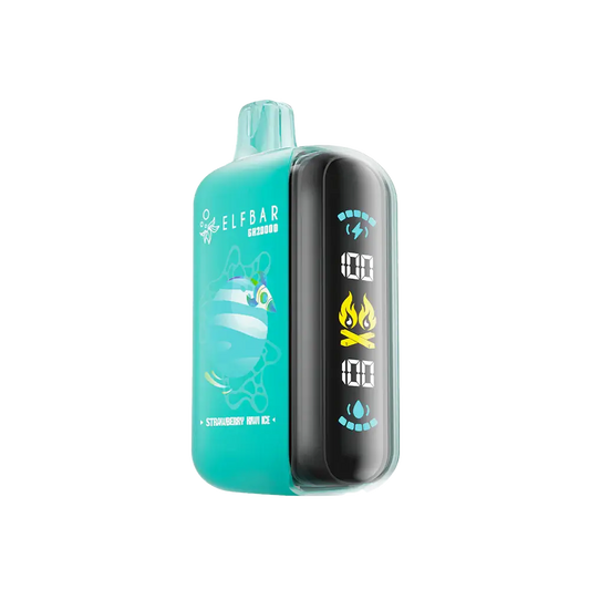 The ELFBAR GH20000 Strawberry Kiwi Ice disposable vape features a teal body with a digital side display showing battery and e-liquid levels, labeled with the brand name and flavor.