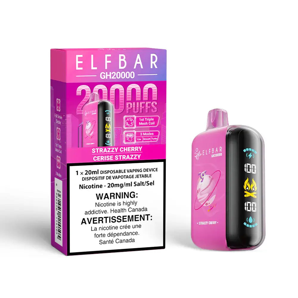 An ELFBAR GH20000 Strazzy Cherry disposable vape device and its pink and purple packaging featuring a digital display, 20000 puffs branding, and a health warning label.