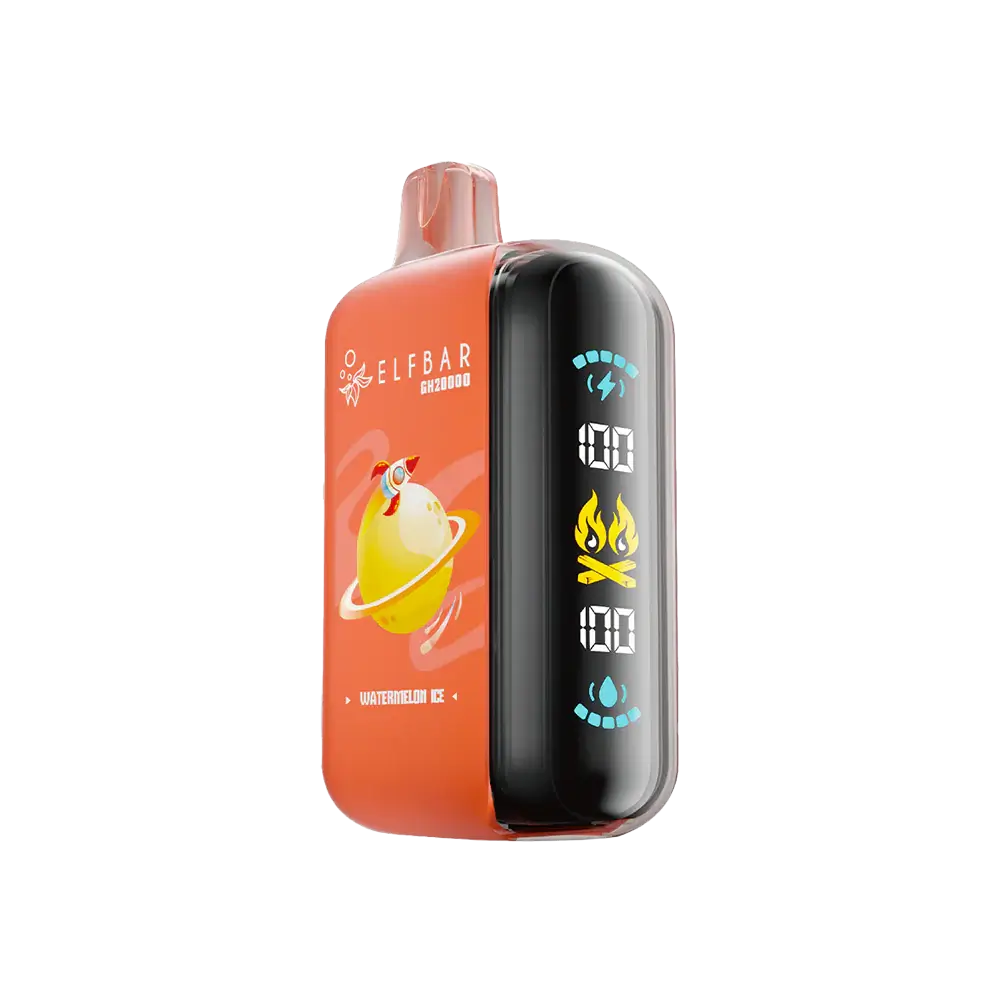 An orange ELFBAR GH20000 Watermelon Ice disposable vape featuring a side digital display with battery and liquid indicators, a rocket and planet graphic, and a transparent mouthpiece.