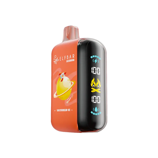 An orange ELFBAR GH20000 Watermelon Ice disposable vape featuring a side digital display with battery and liquid indicators, a rocket and planet graphic, and a transparent mouthpiece.