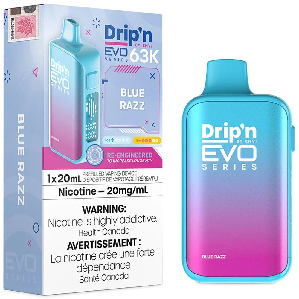 An Envi Drip'n EVO Series 63K Blue Razz disposable vape device with a