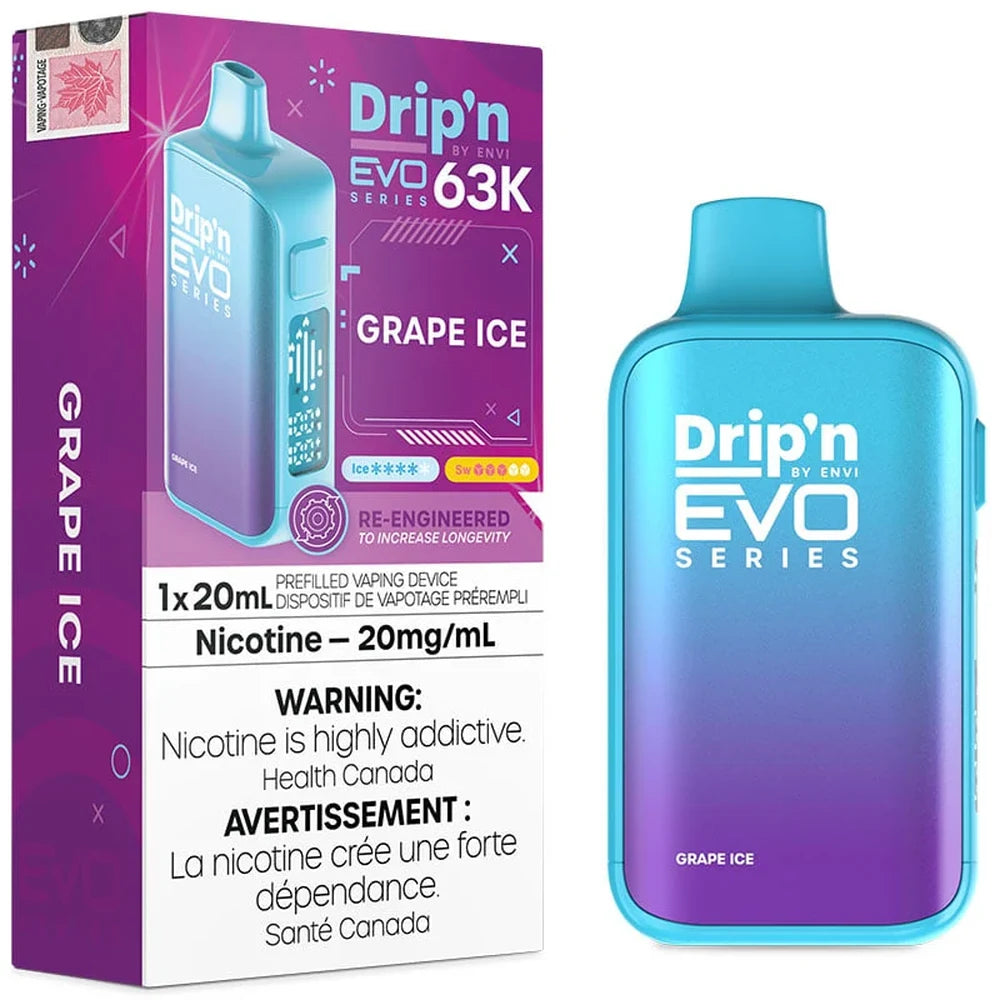 Envi Drip'n EVO Series 63K Grape Ice disposable vape device, featuring a