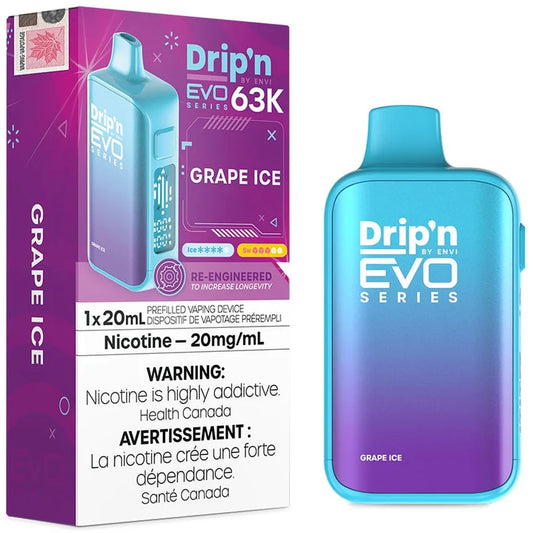 Envi Drip'n EVO Series 63K Grape Ice disposable vape device, featuring a