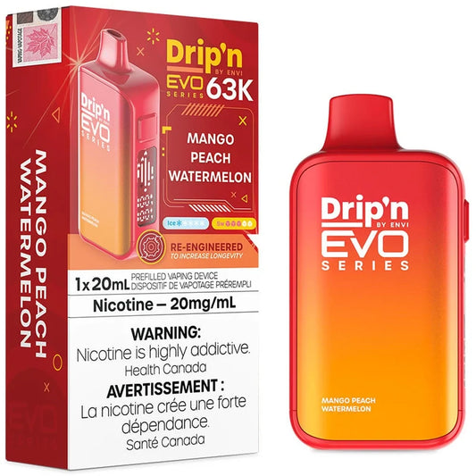 An Envi Drip'n EVO Series 63K Mango Peach Watermelon disposable vape device