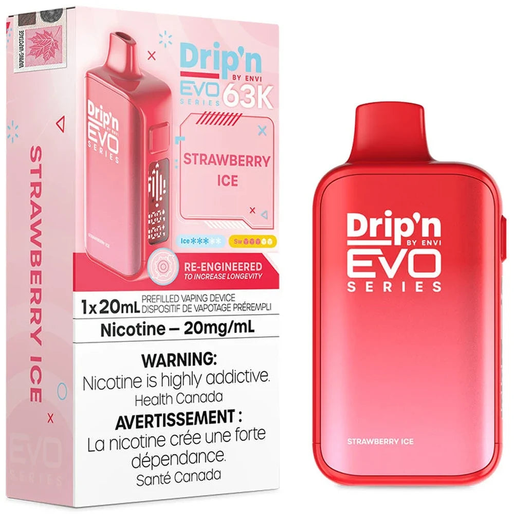 Envi Drip'n EVO Series 63K Strawberry Ice disposable vape device featuring a red