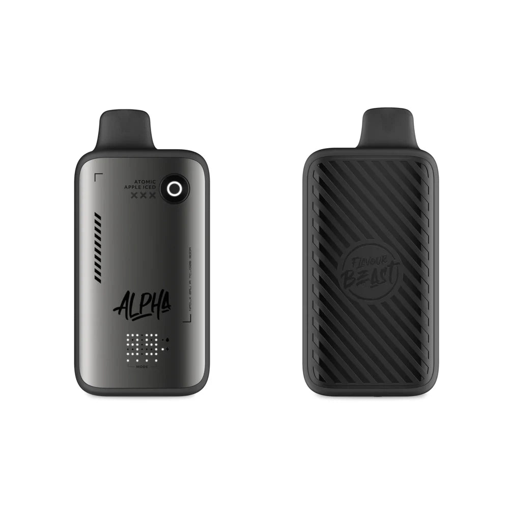 Two views of a Flavour Beast Alpha 80k disposable vape in Atomic Apple Iced, featuring a metallic grey front with a digital display and a black textured back with the Flavour Beast logo against a black background.