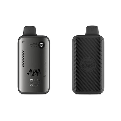 Front and back view of a Flavour Beast Alpha 80K disposable vape in Bomb Blue Razz, featuring a metallic grey finish with a digital display screen on the front and a textured black striped panel with a circular logo on the back.