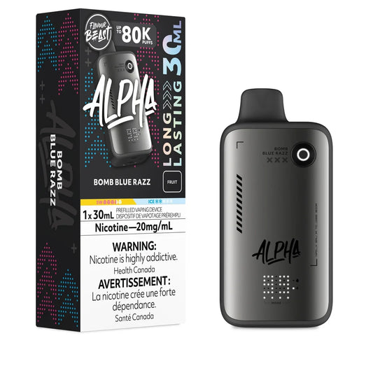 A Flavour Beast Alpha 80K disposable vape device in matte black stands next to its matching rectangular packaging, which features the Bomb Blue Razz flavor name, a 20mg/mL nicotine warning, and a 30mL capacity label against a dark background with blue and pink geometric accents.