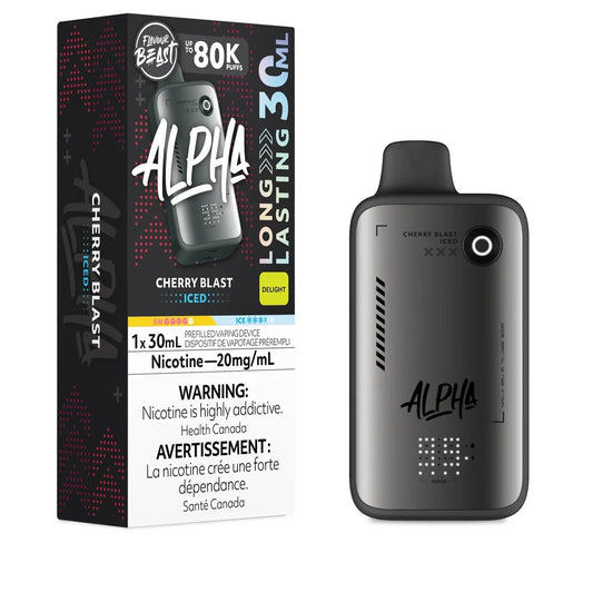 A Flavour Beast Alpha 80k Cherry Blast Iced disposable vape device stands next to its black and red product packaging, which displays the flavor name, a 20mg/mL nicotine warning, and a 30mL capacity label against a plain white background.