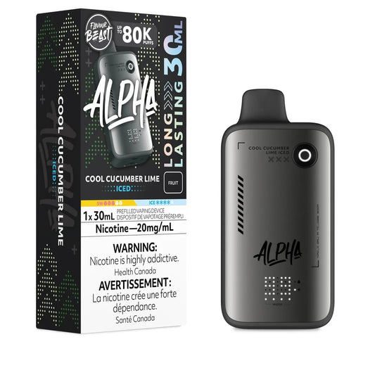 A Flavour Beast Alpha 80k disposable vape device in matte grey stands next to its matching black and green product box, both labeled Cool Cucumber Lime Iced with a 20mg/mL nicotine concentration.