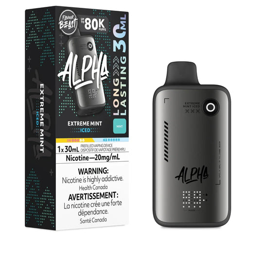 A Flavour Beast Alpha 80k Extreme Mint disposable vape device stands next to its black and teal packaging, which features the product name, a 30mL capacity label, a 20mg/mL nicotine warning, and a graphic of the device.