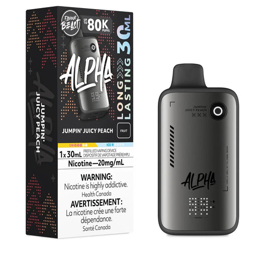 A Flavour Beast Alpha 80k Jumpin' Juicy Peach disposable vape device stands next to its black and red product packaging, which features the brand name, flavor profile, and a 20mg/mL nicotine warning label.