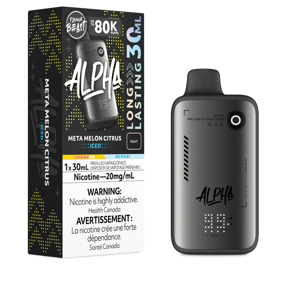 A Flavour Beast Alpha 80k Meta Melon Citrus Iced disposable vape device stands next to its black and yellow retail packaging, which features the product name, a 30mL capacity label, and a bilingual nicotine warning.