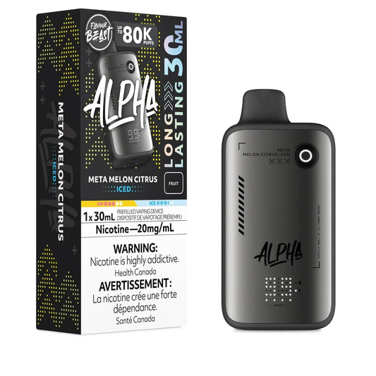 A Flavour Beast Alpha 80k Meta Melon Citrus Iced disposable vape device stands next to its black and yellow retail packaging, which features the product name, a 30mL capacity label, and a bilingual nicotine warning.