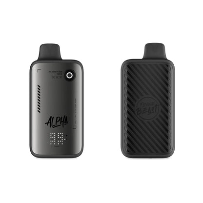 Two Flavour Beast Alpha 80k disposable vapes in Miami Mint Iced flavor are displayed against a black background, showing the metallic grey front with a digital display and the textured black back with the brand logo.