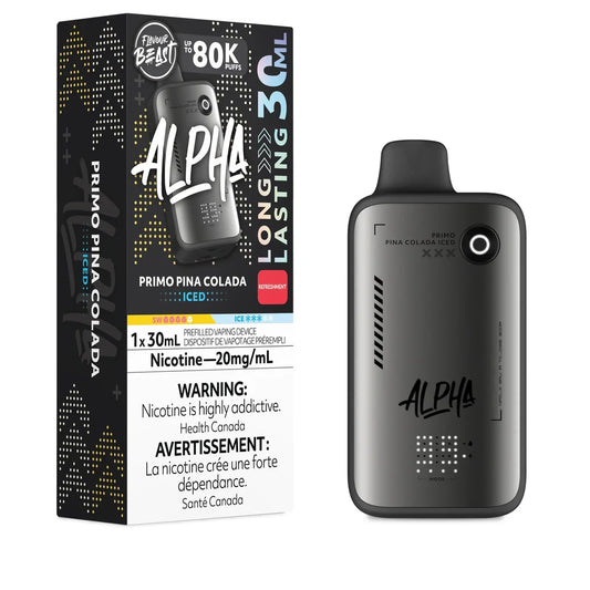 A Flavour Beast Alpha 80k disposable vape device in matte black sits next to its matching rectangular retail box, which features the Primo Pina Colada Iced flavor name, a 30mL capacity label, and a bilingual nicotine warning.