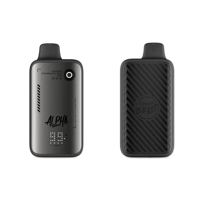 Front and back view of a Flavour Beast Alpha 80k disposable vape in a metallic grey finish, featuring a digital display screen, a circular button, and the text Supreme Strawberry Kiwi Iced and Flavour Beast branding against a plain black background.