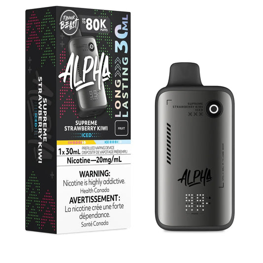 Flavour Beast Alpha 80k disposable vape in Supreme Strawberry Kiwi Iced flavor shown next to its black and green packaging, featuring a metallic grey device with a digital display and a 30mL capacity label.