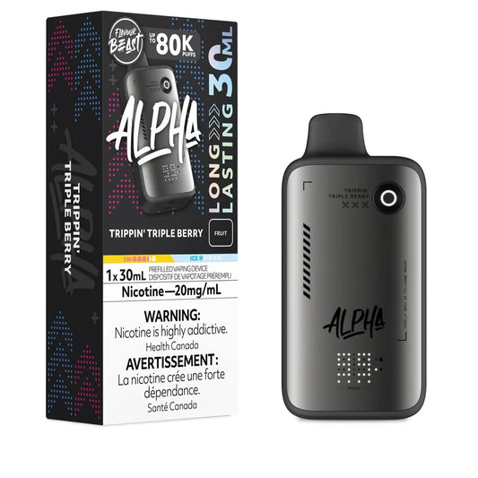A Flavour Beast Alpha 80k disposable vape device in matte grey stands next to its matching black product box, both labeled Trippin' Triple Berry with 20mg/mL nicotine strength and 30mL capacity.