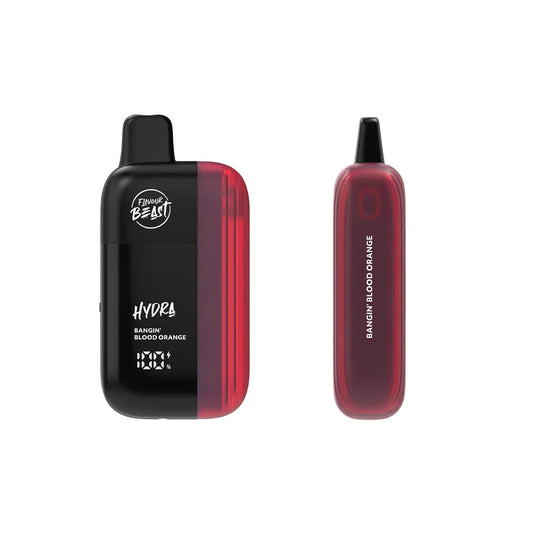 Two Flavour Beast Hydra disposable vapes in Bangin Blood Orange flavor are shown against a white background, featuring a black and translucent red design with visible digital battery and liquid level displays.