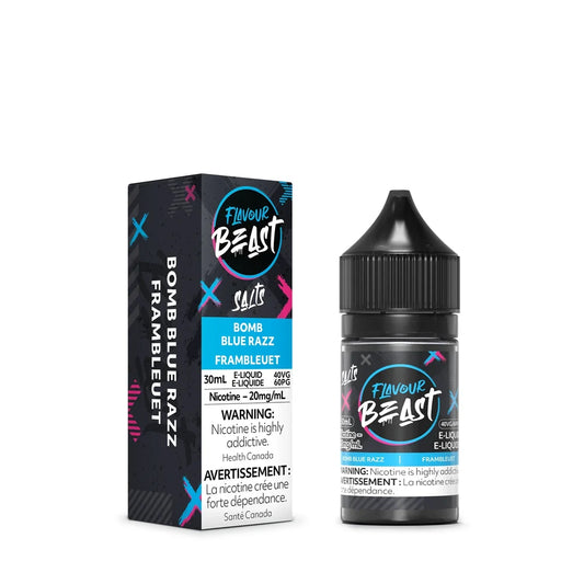 A bottle of Flavour Beast Bomb Blue Razz e-liquid stands next to its