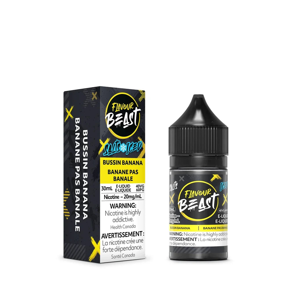 A bottle and packaging box of Flavour Beast Bussin Banana Iced e-liquid, featuring a black