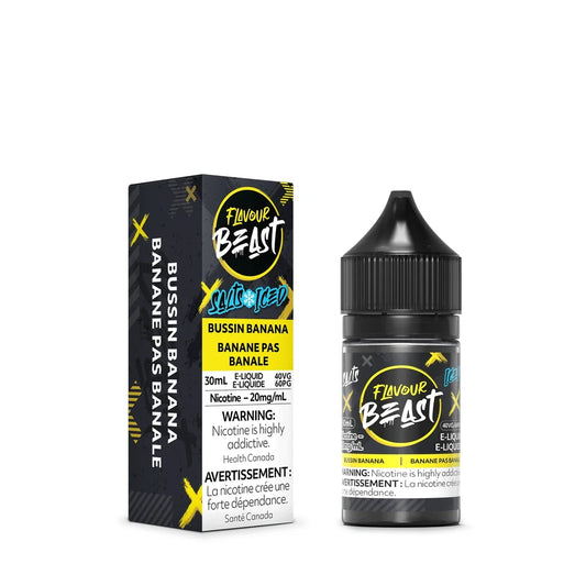 A bottle and packaging box of Flavour Beast Bussin Banana Iced e-liquid, featuring a black