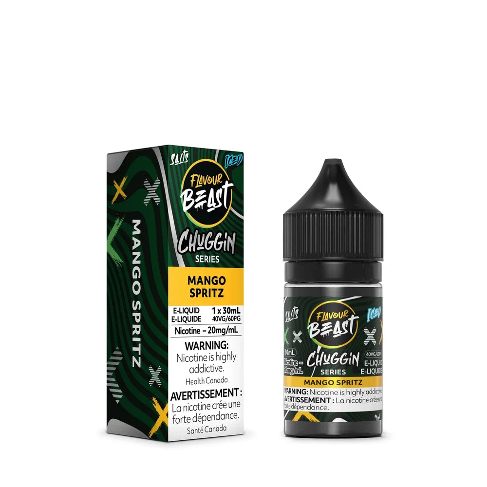 Flavour Beast Mango Spritz e-liquid bottle and matching packaging box from the Chuggin